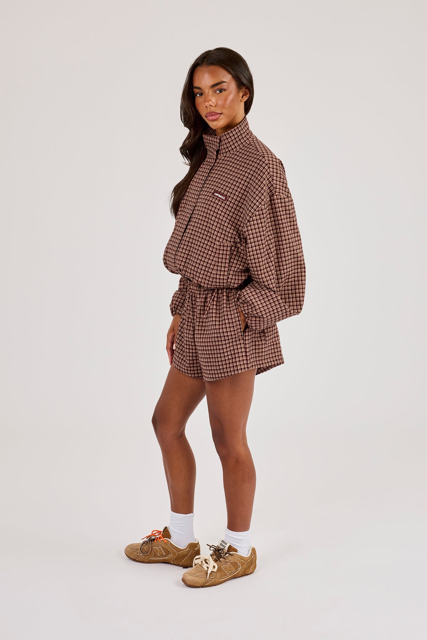 Check Twill Funnel Neck Jacket & Short - Burgundy